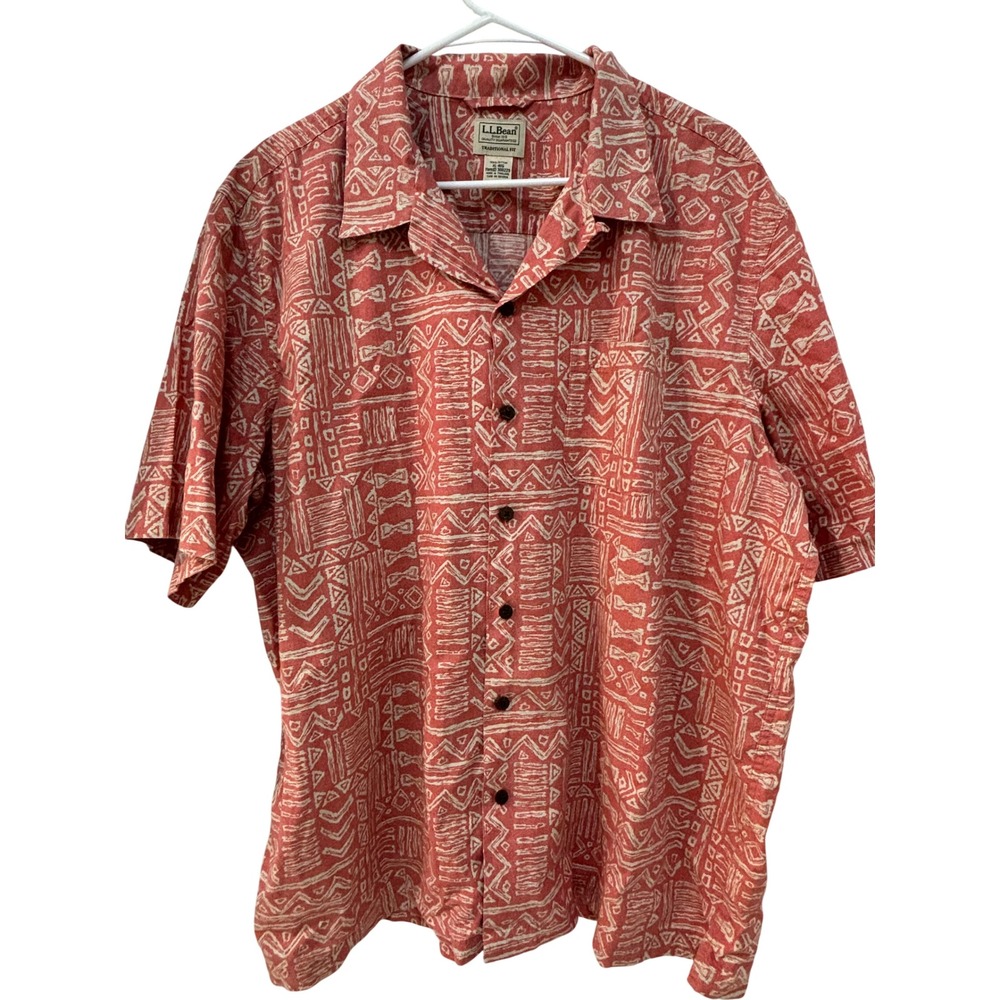 LL Bean Mens XL Traditional Fit Short Sleeve Cotton Tribal Geometric Shirt Red